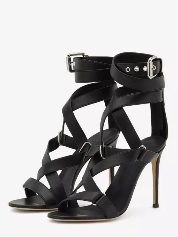 Black High Heel Sandals Open Toe Strappy Stiletto Heel Sandal Shoes