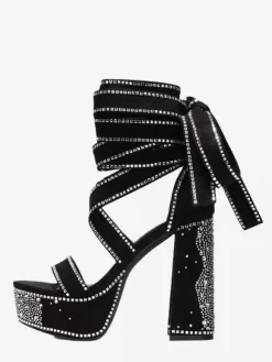Black High Heel Sandals Platform Open Toe Rhinestones Lace Up Party Shoes