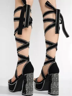 Black High Heel Sandals Platform Open Toe Rhinestones Lace Up Party Shoes