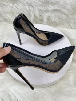 Black High Heels Mesh Patchwork Rhinestones Pointed Toe Stiletto Heel Wedding Shoes