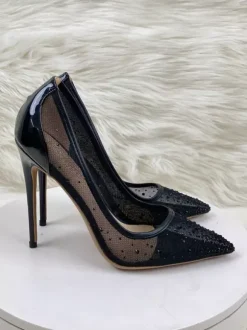 Black High Heels Mesh Patchwork Rhinestones Pointed Toe Stiletto Heel Wedding Shoes