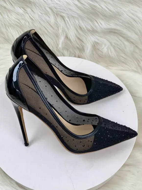 Black High Heels Mesh Patchwork Rhinestones Pointed Toe Stiletto Heel Wedding Shoes