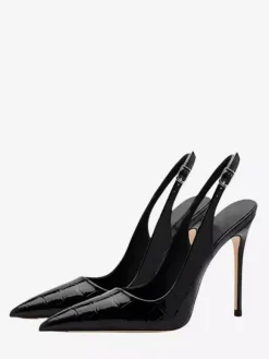 Black High Heels Pointed Toe Stone Pattern Slingback Dress Shoes