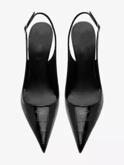 Black High Heels Pointed Toe Stone Pattern Slingback Dress Shoes
