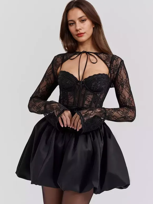 Black Lace Corset Dress With Detachable Bolero Birthday Party Puffball Mini Dress For Women 2026