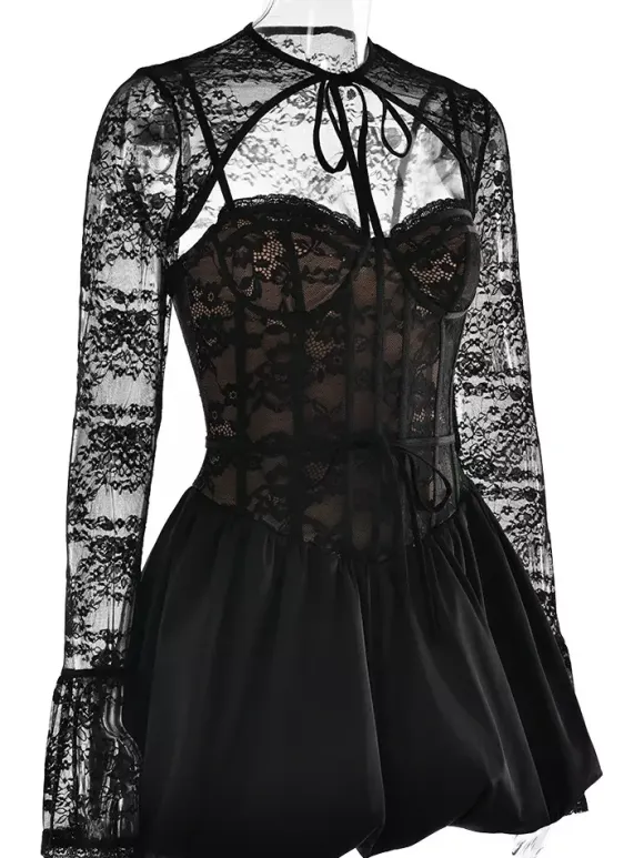 Black Lace Corset Dress With Detachable Bolero Birthday Party Puffball Mini Dress For Women 2026