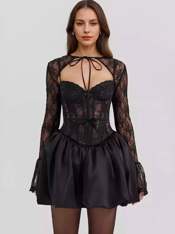 Black Lace Corset Dress With Detachable Bolero Birthday Party Puffball Mini Dress For Women 2026