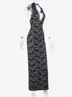 Black Lace Overlay Women's Maxi Dress - Halter Backless Nude Lining Gown - Sexy Bodycon Night Out Party Dress 2026