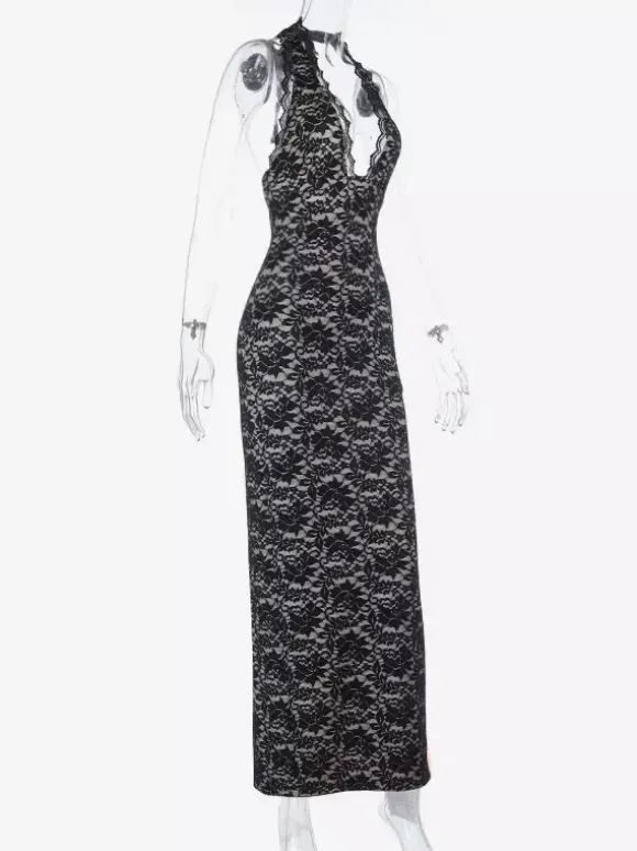 Black Lace Overlay Women's Maxi Dress - Halter Backless Nude Lining Gown - Sexy Bodycon Night Out Party Dress 2026