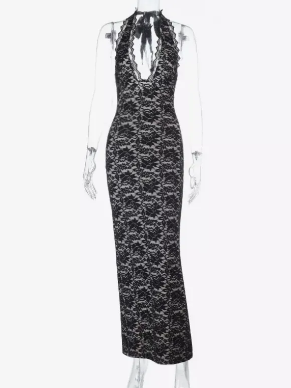 Black Lace Overlay Women's Maxi Dress - Halter Backless Nude Lining Gown - Sexy Bodycon Night Out Party Dress 2026