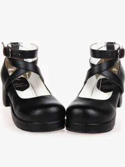 Black Lolita Heels Square Platform Ankle Straps Chunky Heel Lolita Shoes