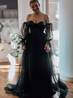 Black Loyal Wedding Dresses Satin Fabric A-Line Long Sleeves Natural Waist Sweep Bridal Gown