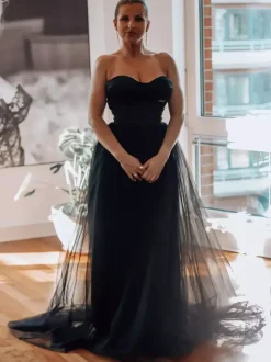 Black Loyal Wedding Dresses Satin Fabric A-Line Long Sleeves Natural Waist Sweep Bridal Gown