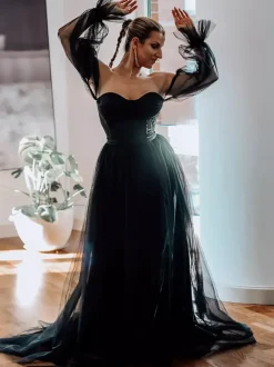 Black Loyal Wedding Dresses Satin Fabric A-Line Long Sleeves Natural Waist Sweep Bridal Gown
