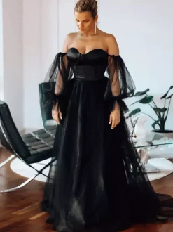 Black Loyal Wedding Dresses Satin Fabric A-Line Long Sleeves Natural Waist Sweep Bridal Gown