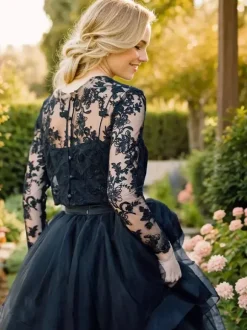 Black Loyal Wedding Dresses Princess Silhouette Long Sleeves Cut Out Tulle With Train Bridal Dress