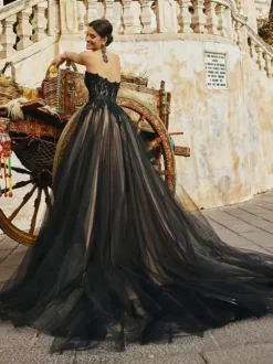 Black Loyal Wedding Dresses Lace A-Line Sleeveless Natural Waist Sash Court Train Bridal Gown