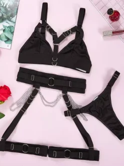 Black Metal Details Lingerie Black 3-Piece Bra Panty Sets