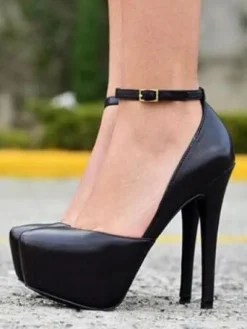 Black Platform High Heels Women Dress Shoes Stiletto Heel Ankle Strap Pumps