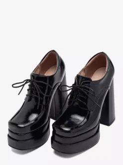Black Platform Loafers Square Toe Lace Up Chunky Heel Pumps