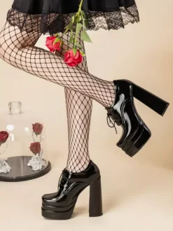 Black Platform Loafers Square Toe Lace Up Chunky Heel Pumps
