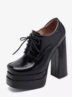 Black Platform Loafers Square Toe Lace Up Chunky Heel Pumps