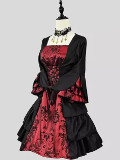 Black Retro Costumes Women's Color Block Jacquard Ruffles Lace Up Polyester Marie Antoinette Costume Set Dress Cloak Gothic