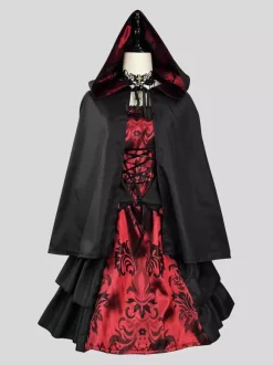 Black Retro Costumes Women's Color Block Jacquard Ruffles Lace Up Polyester Marie Antoinette Costume Set Dress Cloak Gothic
