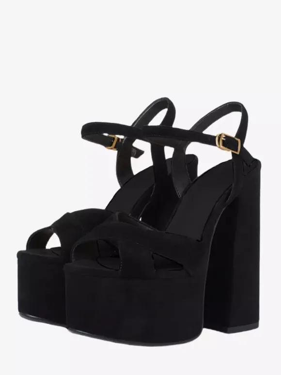 Black Sexy Sandals Suede Platform Open Toe Buckle Detail Chunky Heel Sandals