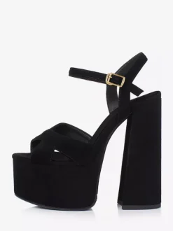 Black Sexy Sandals Suede Platform Open Toe Buckle Detail Chunky Heel Sandals