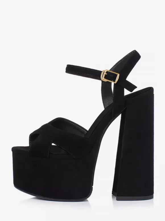 Black Sexy Sandals Suede Platform Open Toe Buckle Detail Chunky Heel Sandals