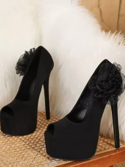 Black Sexy Shoes Women's Platform Peep Toe Floral Detail High Heel Pumps
