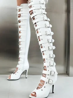 Black Sexy Thigh High Boots Peep Toe Buckle Designed Lace Up High Heel Over The Knee Boots