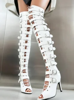Black Sexy Thigh High Boots Peep Toe Buckle Designed Lace Up High Heel Over The Knee Boots