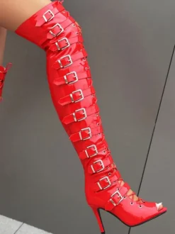 Black Sexy Thigh High Boots Peep Toe Buckle Designed Lace Up High Heel Over The Knee Boots