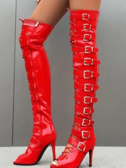 Black Sexy Thigh High Boots Peep Toe Buckle Designed Lace Up High Heel Over The Knee Boots