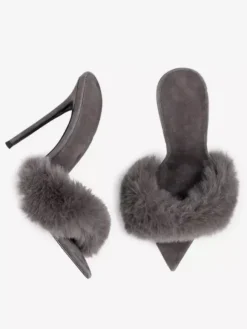 Black Suede Sexy Mules Faux Fur Open Toe High Heel Sandal Slides