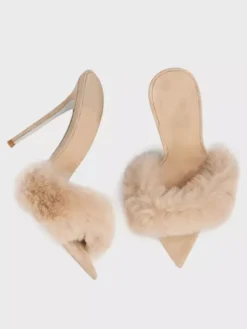 Black Suede Sexy Mules Faux Fur Open Toe High Heel Sandal Slides