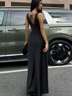 Black V Neck Lace Trim Slip Maxi Dress For Women 2026