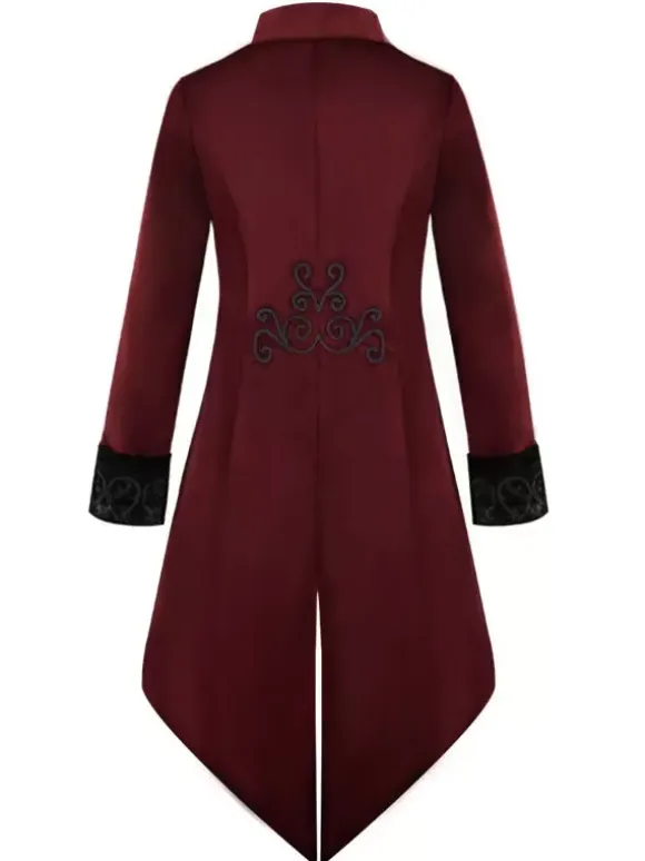 Black Vintage Coat Middle Ages Tuxedo Embroidered Velour Retro Costumes For Man Burgundy
