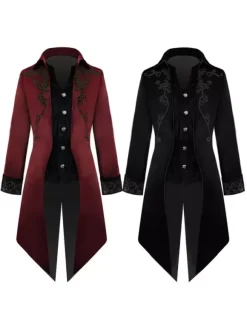 Black Vintage Coat Middle Ages Tuxedo Embroidered Velour Retro Costumes For Man Burgundy