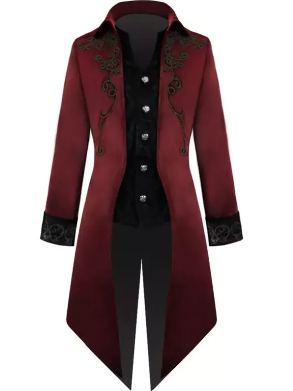 Black Vintage Coat Middle Ages Tuxedo Embroidered Velour Retro Costumes For Man Burgundy