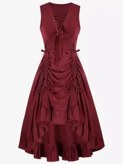 Black Vintage Costumes Women's Ruffles Lace Up Medieval Renaissance Dress