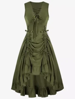 Black Vintage Costumes Women's Ruffles Lace Up Medieval Renaissance Dress