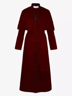 Black Vintage Top Overcoat Retro Solid Color Priest Costume Priest Medieval Retro Overcoat Costume Burgundy