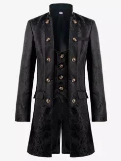 Black Vintage Top Renaissance Jacquard Long Sleeves Polyester Polyester Fiber Overcoat Retro Costumes For Man