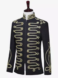 Black Vintage Top Retro Buttons Color Block Long Sleeves Polyester Overcoat Retro Costumes For Man