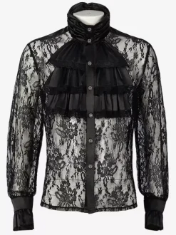 Black Vintage Top Retro Long Sleeves Polyester Polyester Fiber Shirt Retro Costumes For Man