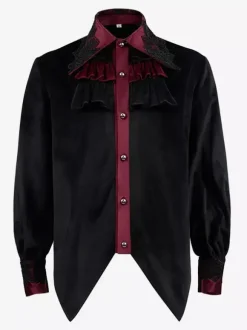 Black Vintage Top Retro Ruffles Lace Long Sleeves Polyester Polyester Fiber Shirt Retro Costumes For Man