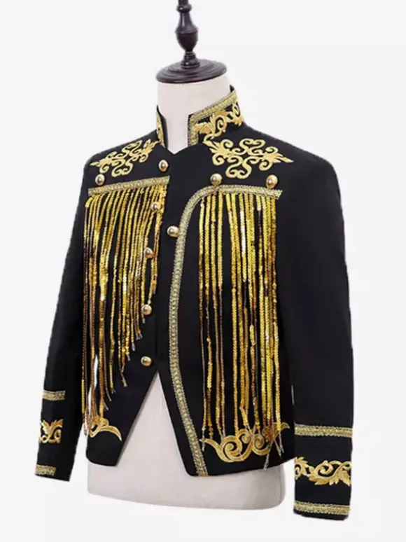 Black Vintage Top Sequin Tassel Coat Long Sleeves Retro Costumes For Man